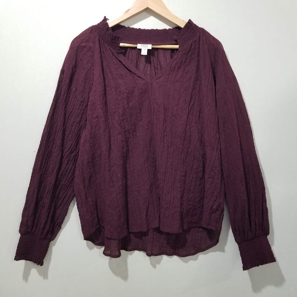 ANA Top XL Port Wine V Neck Lantern Sleeve Crinkled Polyester Lightweight NWT - Picture 7 of 7